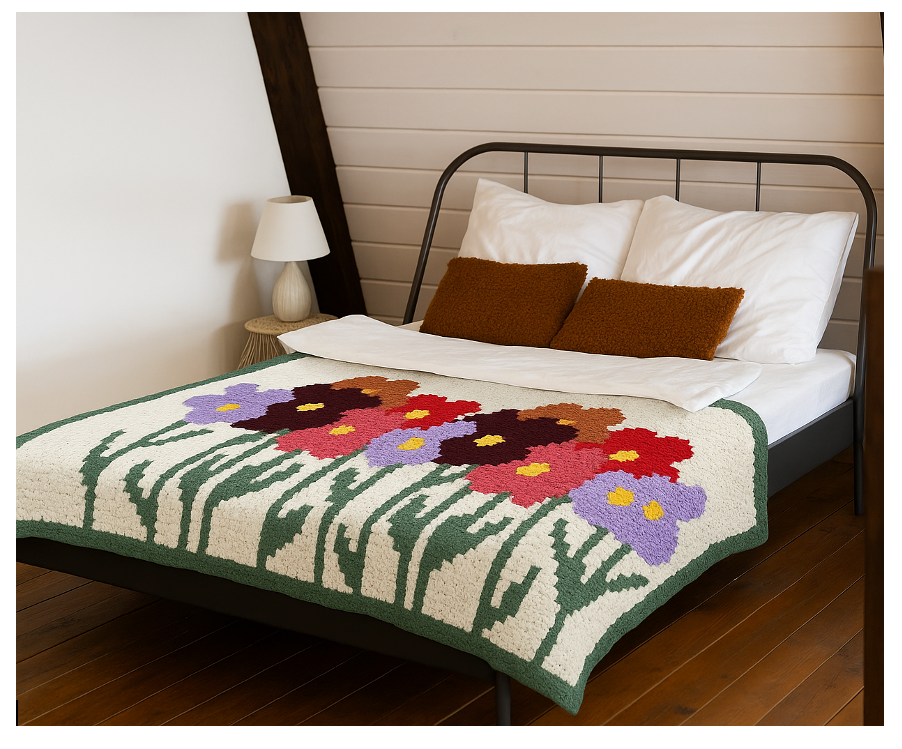 Haakpatroon Deken/Bedsprei met veldbloemen 140cm x 225cm (D2)
