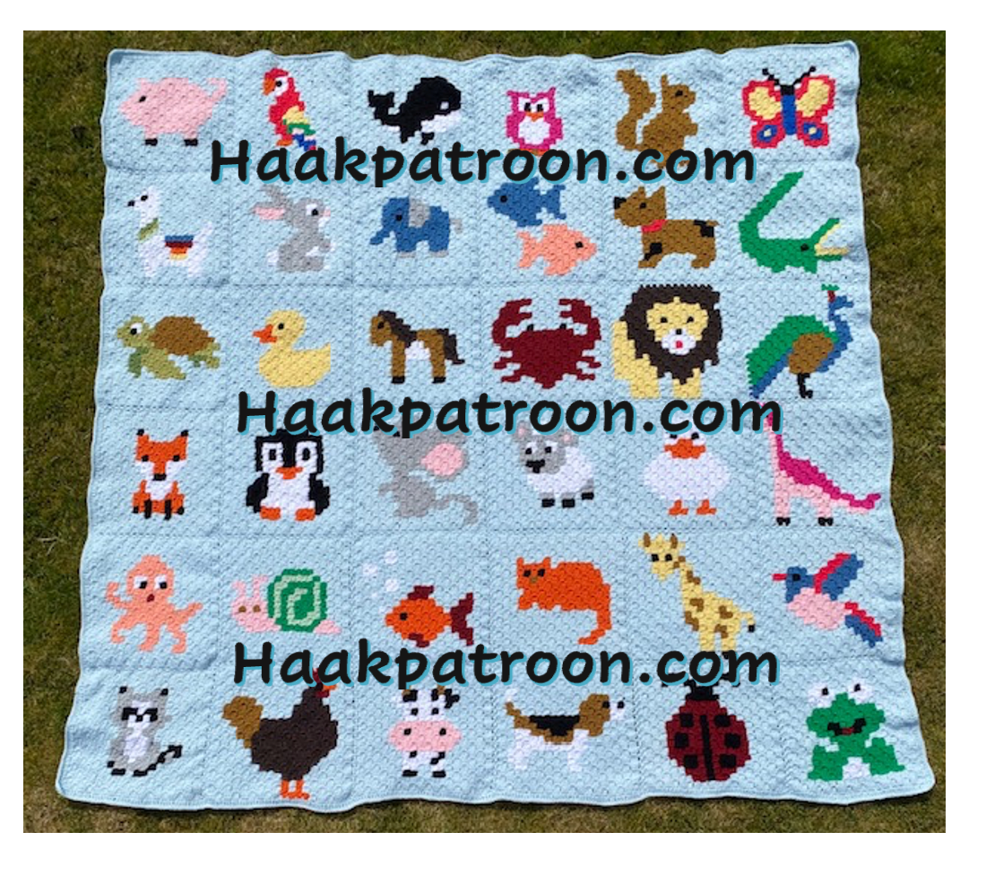 Haakpatroon dieren lapjesdeken, 140cm x 140cm, 36 delig (L2)